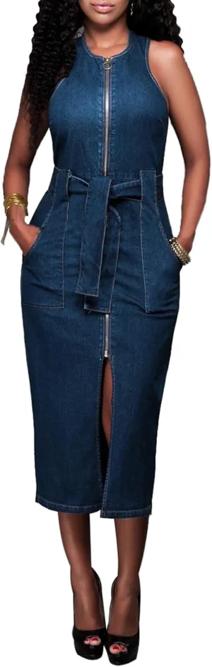 ECDAHICC Women's Sexy Jeans Dress Sleeveless Tank Denim Bodycon Dress Slit Belted Summer Blue Zipper Party Club Midi Dress