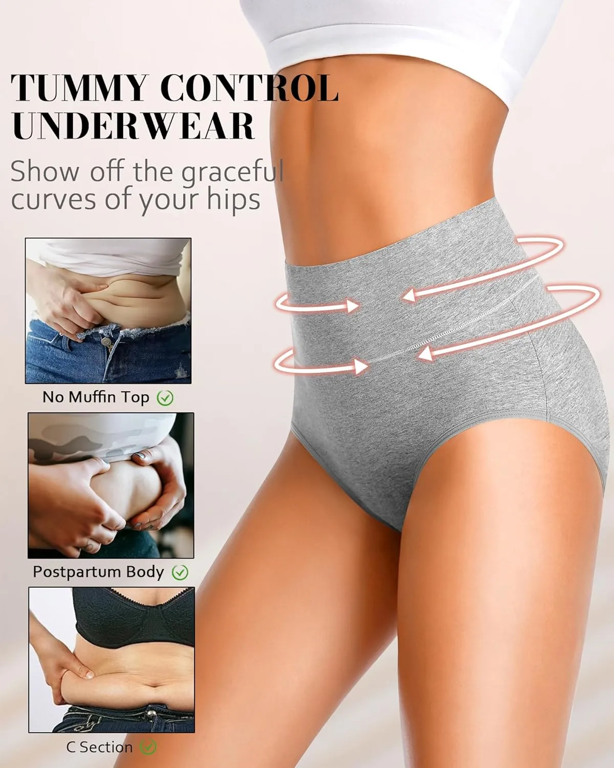 Eiggam Tummy Control Underwear Soft High Waisted underwear Full Coverage Briefs Breathable Postpartum Cotton Womens Panties