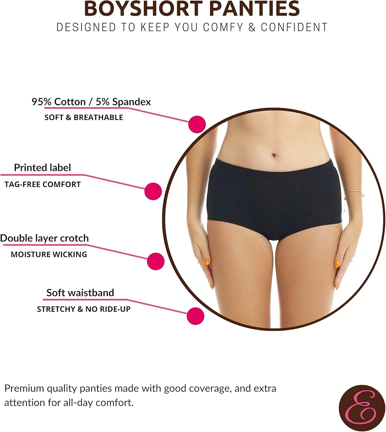 ESTEEZ Women's Breathable Soft Stretch Cotton Underwear - Mid/High Rise Briefs - Low Rise Bikini - Boyshorts
