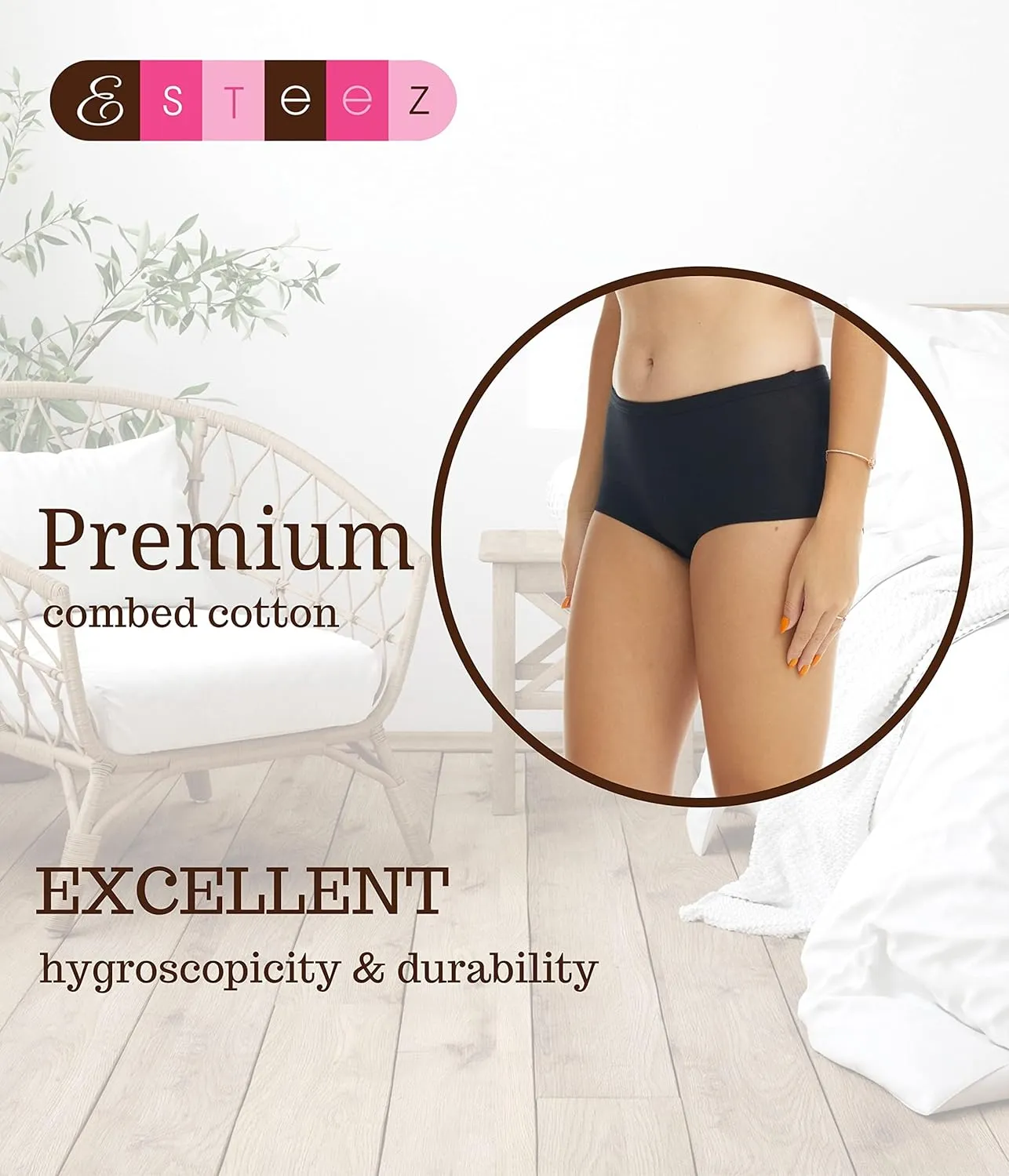 ESTEEZ Women's Breathable Soft Stretch Cotton Underwear - Mid/High Rise Briefs - Low Rise Bikini - Boyshorts