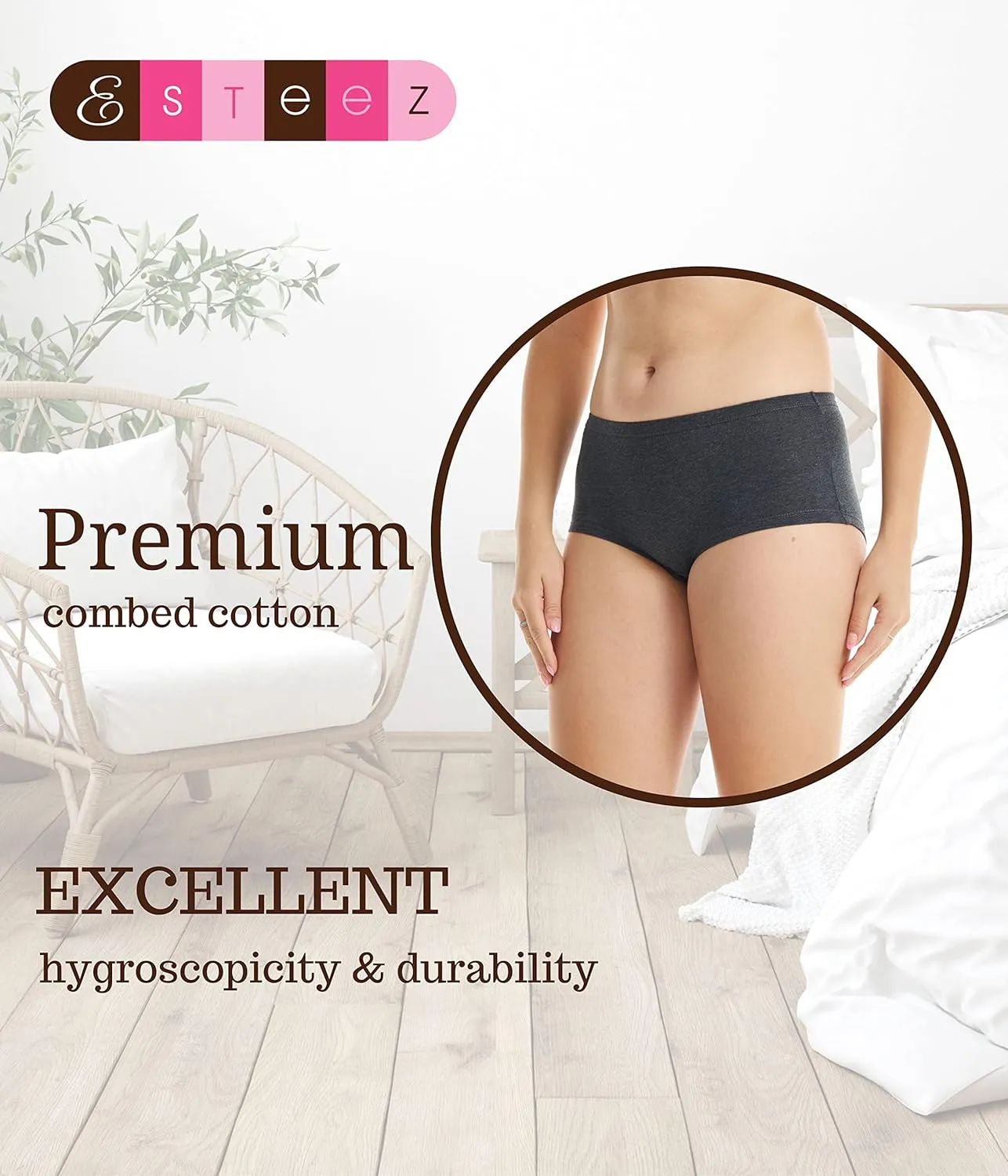 ESTEEZ Women's Breathable Soft Stretch Cotton Underwear - Mid/High Rise Briefs - Low Rise Bikini - Boyshorts