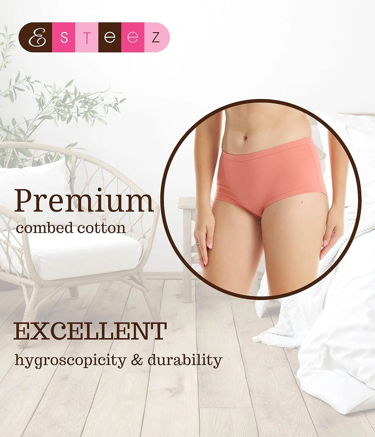 ESTEEZ Women's Breathable Soft Stretch Cotton Underwear - Mid/High Rise Briefs - Low Rise Bikini - Boyshorts