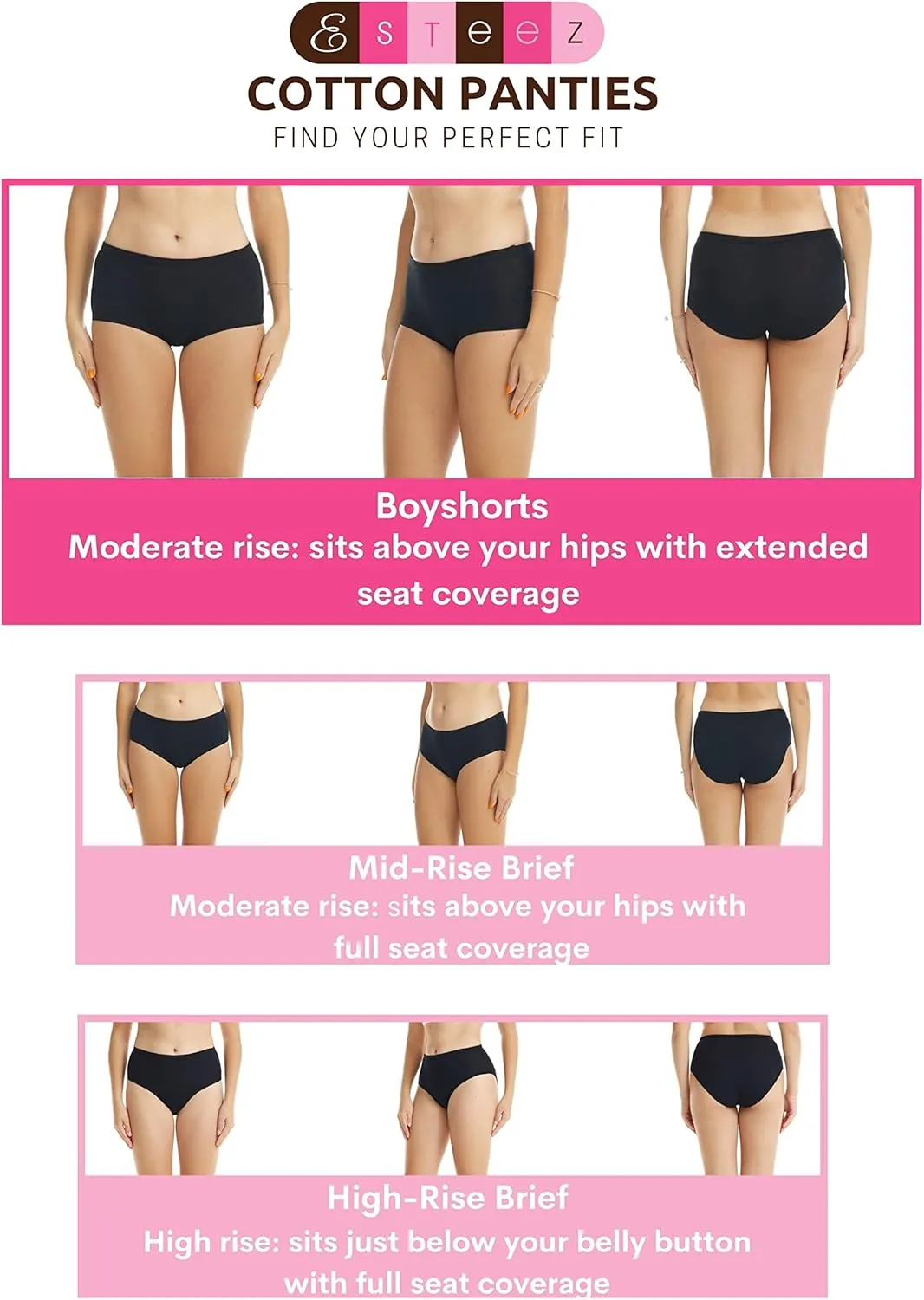 ESTEEZ Women's Breathable Soft Stretch Cotton Underwear - Mid/High Rise Briefs - Low Rise Bikini - Boyshorts