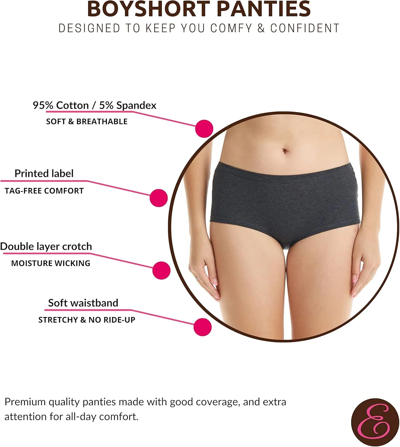 ESTEEZ Women's Breathable Soft Stretch Cotton Underwear - Mid/High Rise Briefs - Low Rise Bikini - Boyshorts