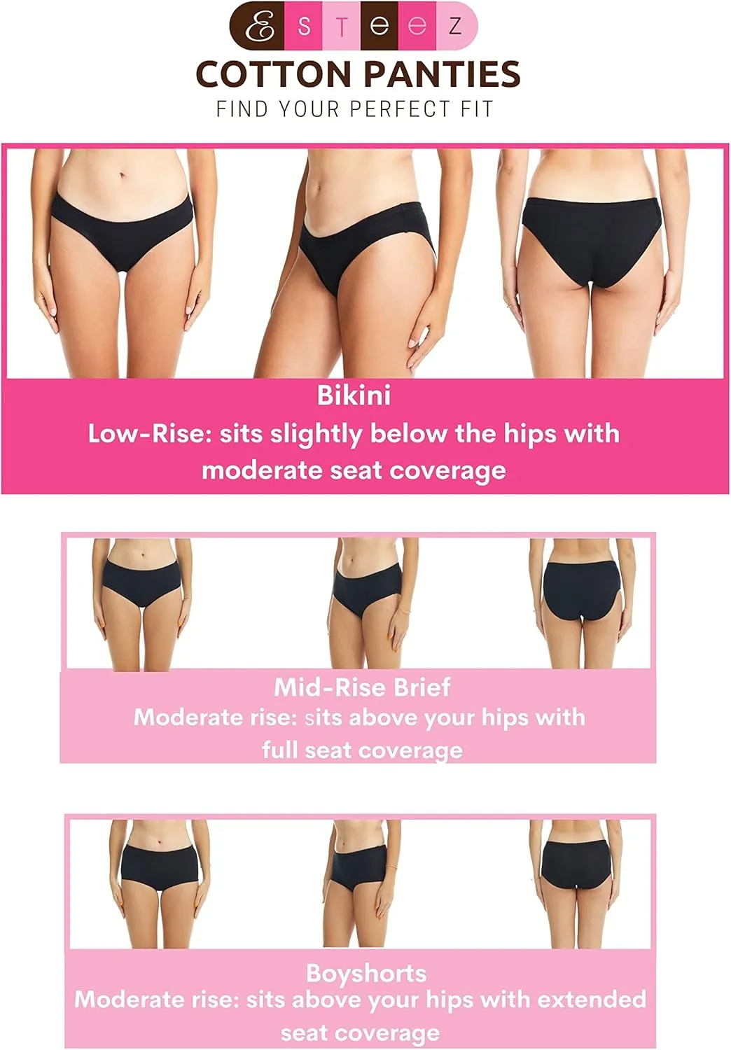 ESTEEZ Women's Breathable Soft Stretch Cotton Underwear - Mid/High Rise Briefs - Low Rise Bikini - Boyshorts
