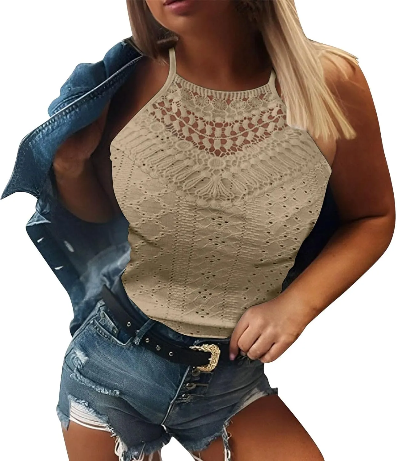 Eyelet Camisole for Women Lace Splicing Spaghetti Strap Tank Tops Sleeveless Blouses Loose Fit Going Out Tops