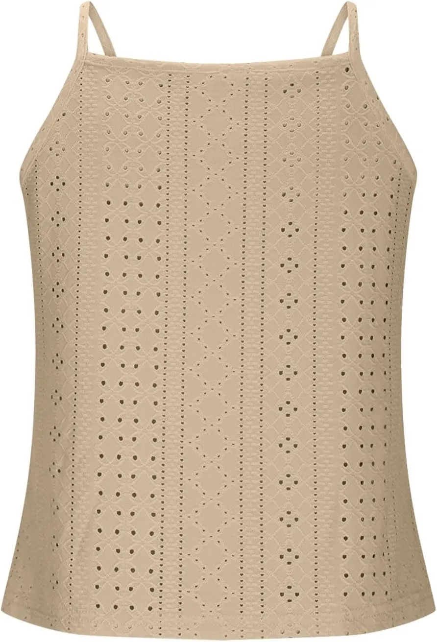 Eyelet Camisole for Women Lace Splicing Spaghetti Strap Tank Tops Sleeveless Blouses Loose Fit Going Out Tops