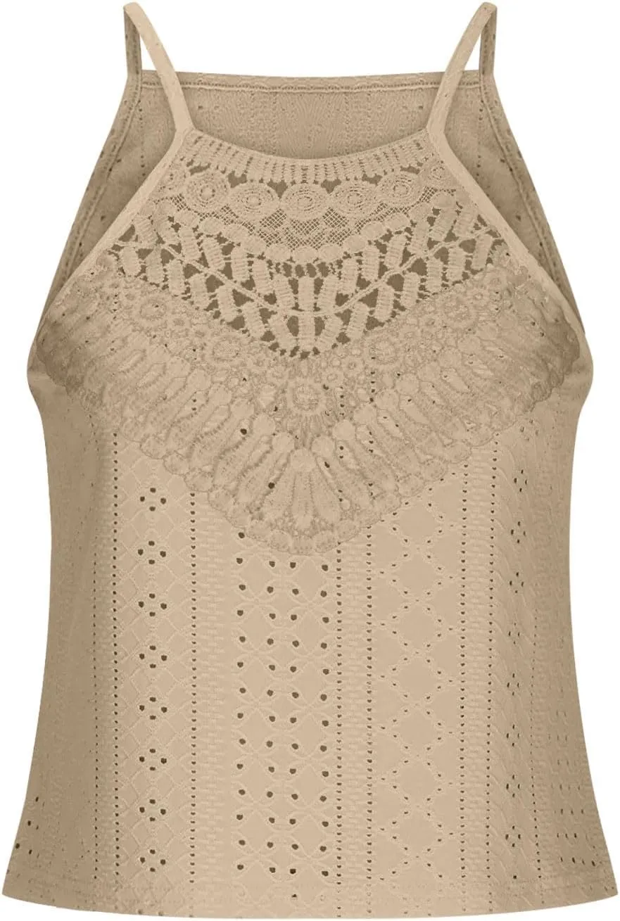 Eyelet Camisole for Women Lace Splicing Spaghetti Strap Tank Tops Sleeveless Blouses Loose Fit Going Out Tops