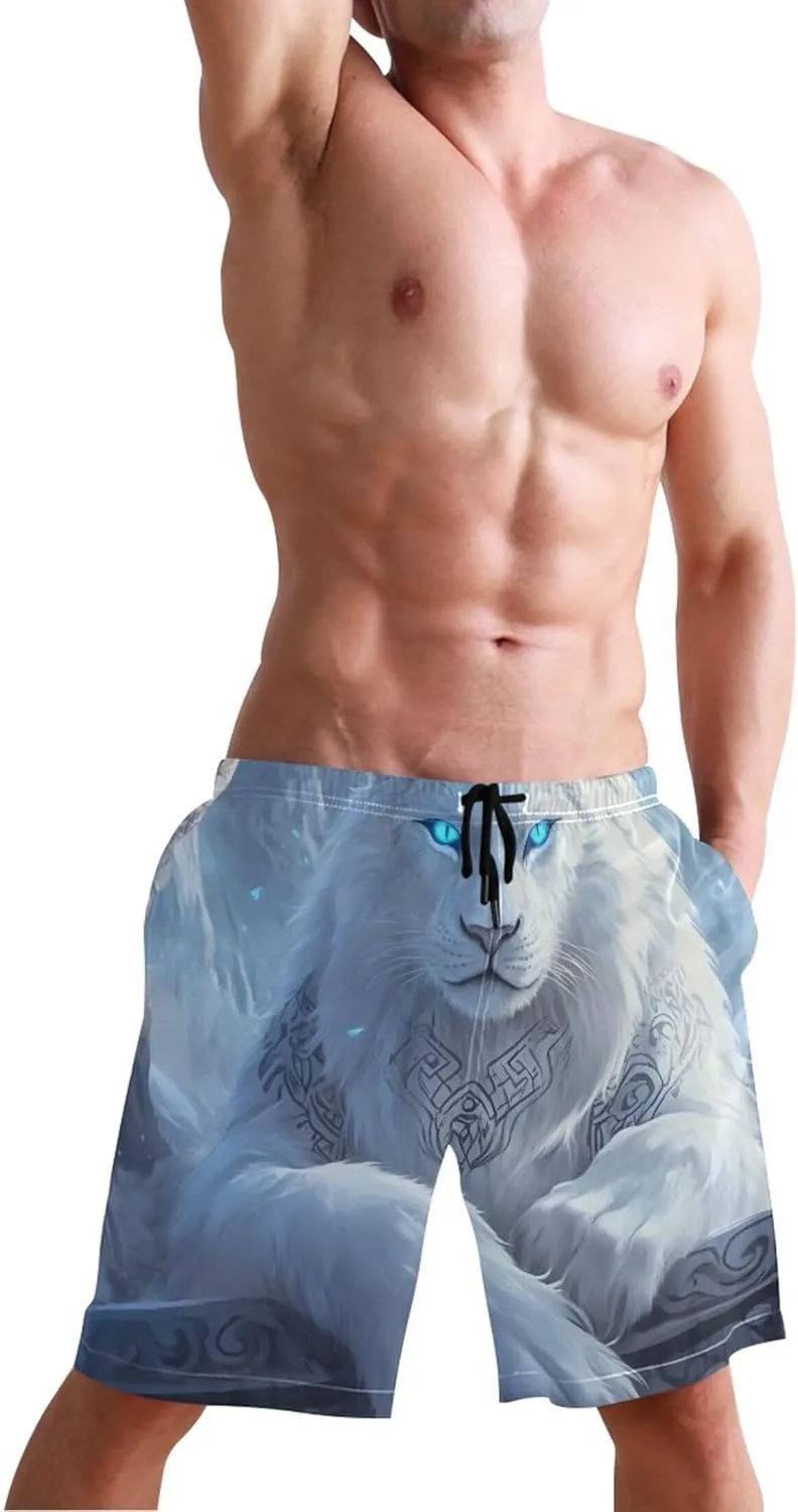 Fantasy White Tiger Blue Eyes Swim Trunks for Men Bathing Shorts Quick Dry Surf Swimming Men Shorts S