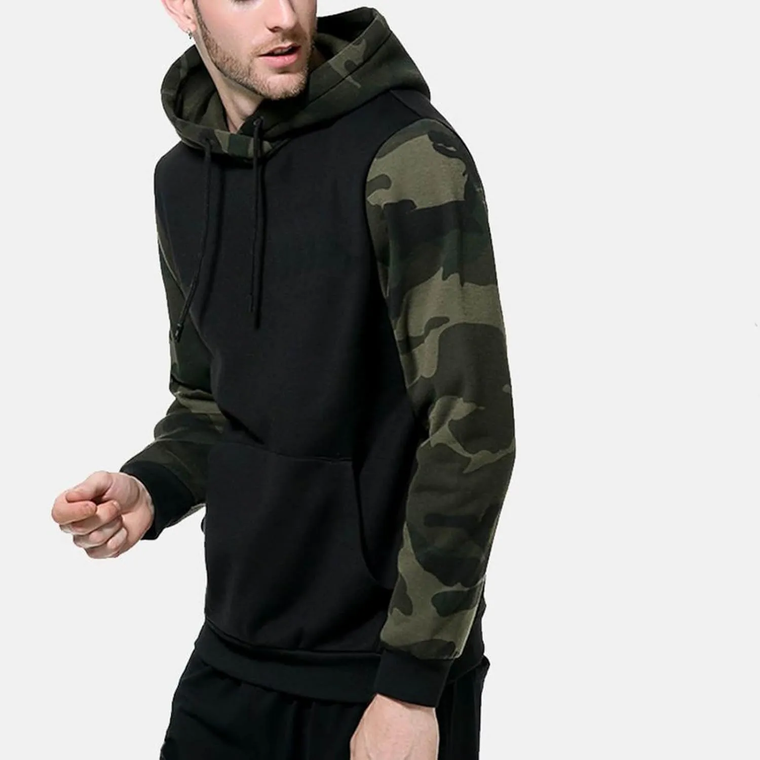 Finelylove Men's Pullover Hoodie Fleece Military Camo Hoodie Long Sleeve Contrast Color Hooded Sweatshirt with Pocket