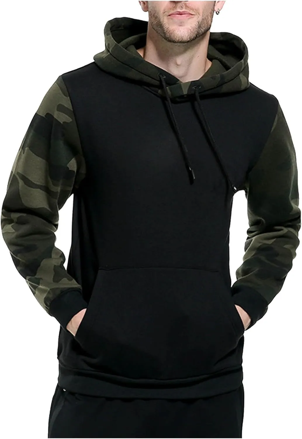 Finelylove Men's Pullover Hoodie Fleece Military Camo Hoodie Long Sleeve Contrast Color Hooded Sweatshirt with Pocket