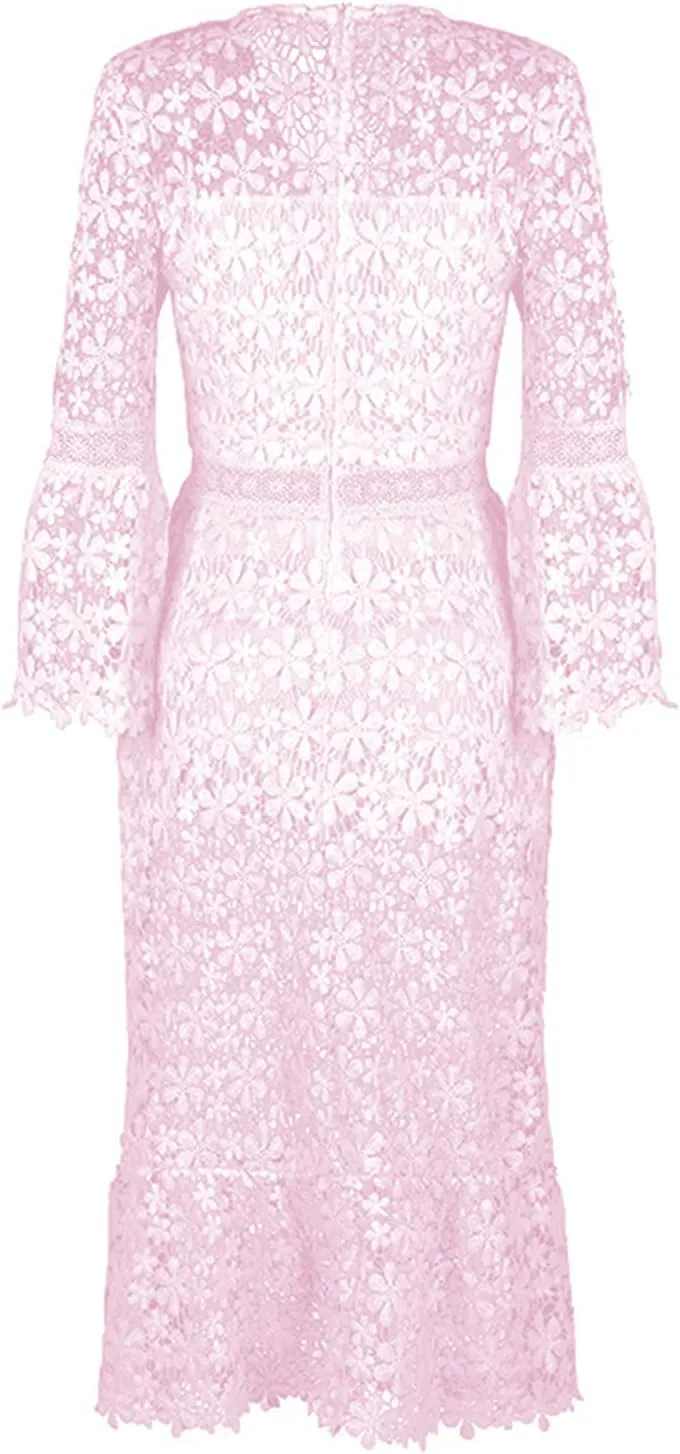 Flare Sleeve Dress for Women Bodycon Mermaid Lace Floral Dresses V-Neck Formal Cocktail Comfy Dress for Wedding Guest
