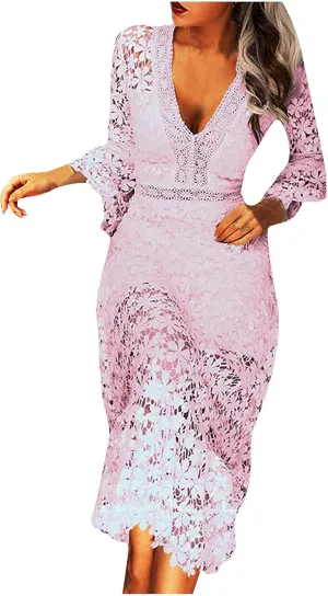 Flare Sleeve Dress for Women Bodycon Mermaid Lace Floral Dresses V-Neck Formal Cocktail Comfy Dress for Wedding Guest