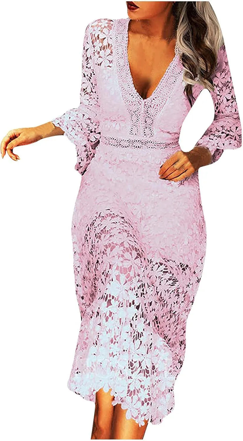 Flare Sleeve Dress for Women Bodycon Mermaid Lace Floral Dresses V-Neck Formal Cocktail Comfy Dress for Wedding Guest