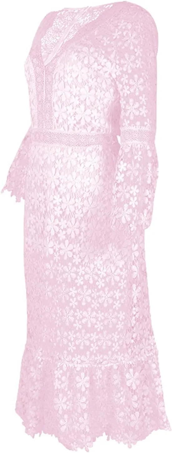 Flare Sleeve Dress for Women Bodycon Mermaid Lace Floral Dresses V-Neck Formal Cocktail Comfy Dress for Wedding Guest
