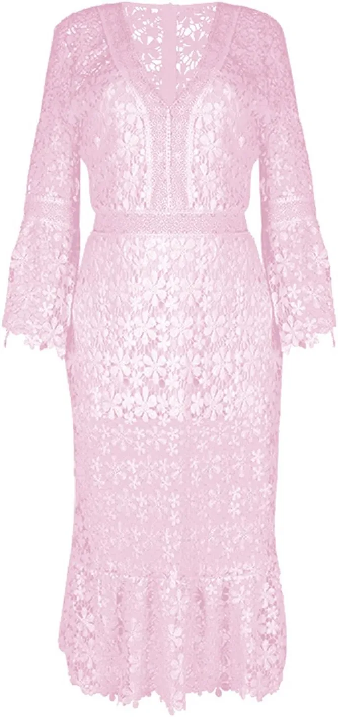 Flare Sleeve Dress for Women Bodycon Mermaid Lace Floral Dresses V-Neck Formal Cocktail Comfy Dress for Wedding Guest