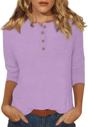 FlekmanArt Womens Long Sleeve Tops 3/4 Sleeve Solid Color Pullover V Neck Baggy Tunic Tops Summer Loose Casual Basic Tees