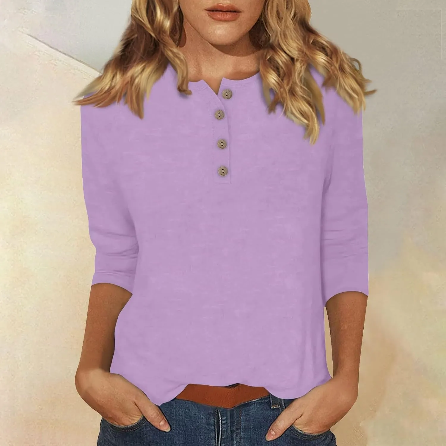 FlekmanArt Womens Long Sleeve Tops 3/4 Sleeve Solid Color Pullover V Neck Baggy Tunic Tops Summer Loose Casual Basic Tees