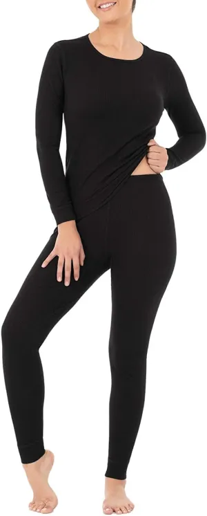 Fruit of the Loom Women’s Thermal Underwear Set Base Layer With Top & Bottom Set For Women- Breathable & Ultra Comfortable Winter Underwear Thermals- Lightweight & Discreet Long Sleeve Thermals Black