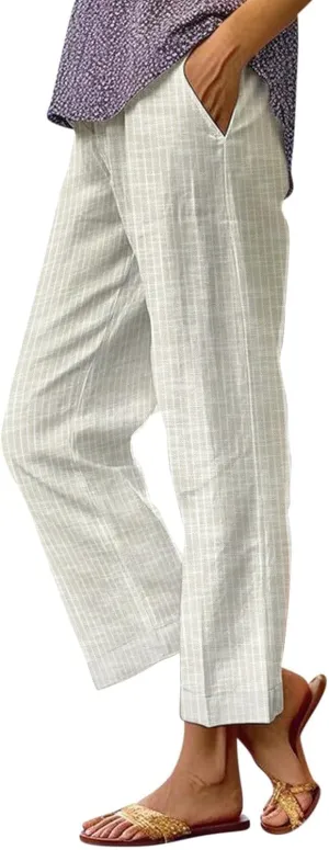 GOKKILRW Women Wide Leg Linen Pants High Waisted Striped Summer Casual Boho Palazzo Trousers with Pockets Beach Loungewear