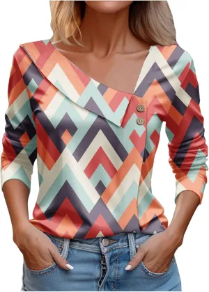 Gold Shirts for Women 3/4 Sleeve Womens Tshirts Cotton Loose Fit Fashion Print V Neck Lapel Woman Shirts Trendy