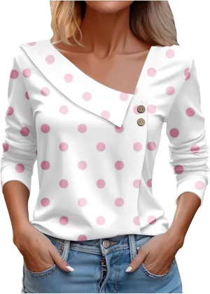 Gold Shirts for Women 3/4 Sleeve Womens Tshirts Cotton Loose Fit Fashion Print V Neck Lapel Woman Shirts Trendy
