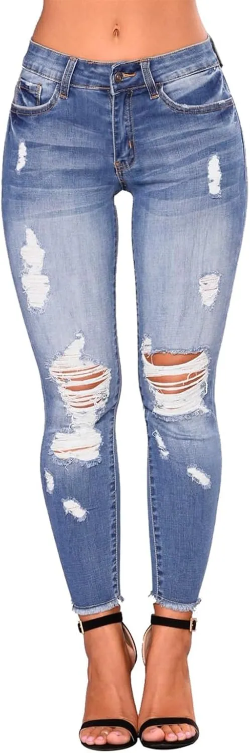 Gumipy Ripped Stretchy Jeans for Women Button Up Mid Rise Skinny Jeans Slim Fit Butt Lifting Jeans for Curvy with Pockets