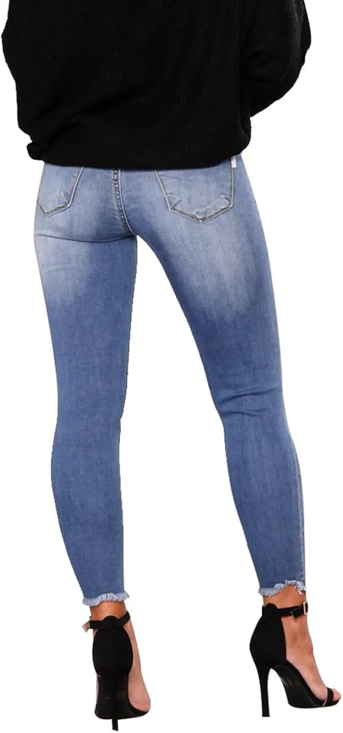 Gumipy Ripped Stretchy Jeans for Women Button Up Mid Rise Skinny Jeans Slim Fit Butt Lifting Jeans for Curvy with Pockets
