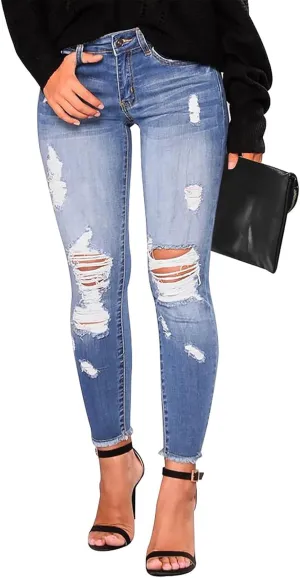 Gumipy Ripped Stretchy Jeans for Women Button Up Mid Rise Skinny Jeans Slim Fit Butt Lifting Jeans for Curvy with Pockets