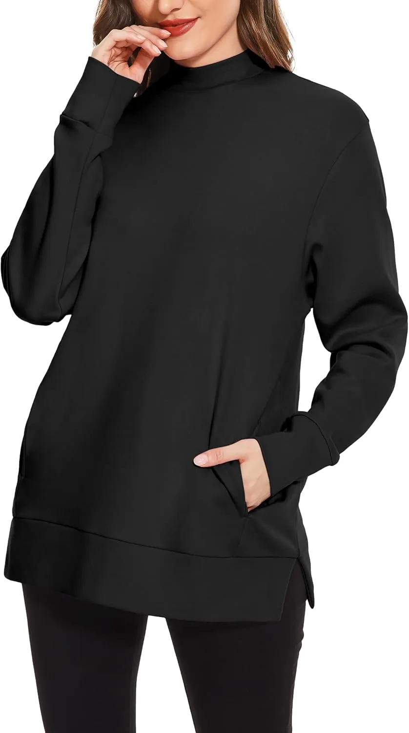 H HIAMIGOS Women's Casual Long sleeves Sweatshirt Tops Basic Loose Fit Mock Turtle Neck Tunic Pullover With Pocket