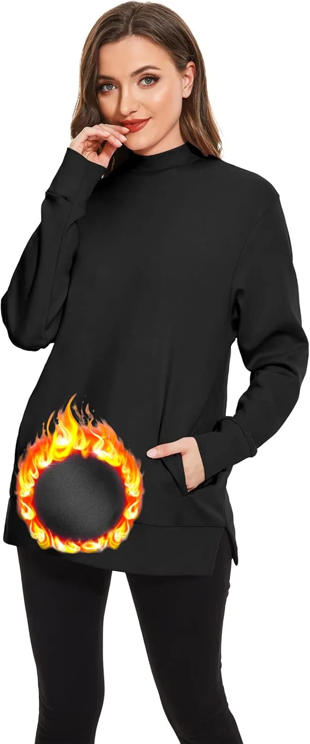 H HIAMIGOS Women's Casual Long sleeves Sweatshirt Tops Basic Loose Fit Mock Turtle Neck Tunic Pullover With Pocket