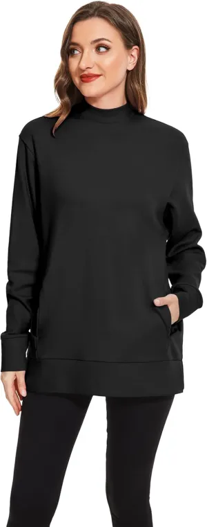 H HIAMIGOS Women's Casual Long sleeves Sweatshirt Tops Basic Loose Fit Mock Turtle Neck Tunic Pullover With Pocket