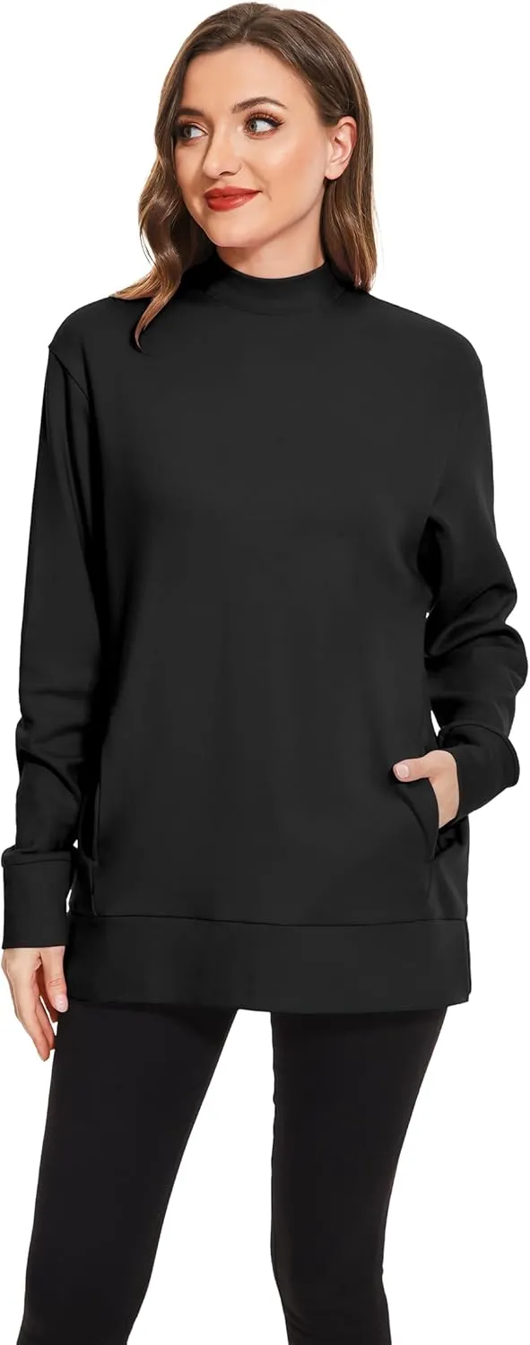 H HIAMIGOS Women's Casual Long sleeves Sweatshirt Tops Basic Loose Fit Mock Turtle Neck Tunic Pullover With Pocket