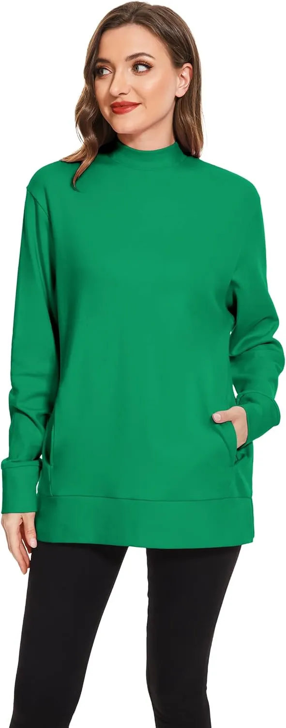 H HIAMIGOS Women's Casual Long sleeves Sweatshirt Tops Basic Loose Fit Mock Turtle Neck Tunic Pullover With Pocket
