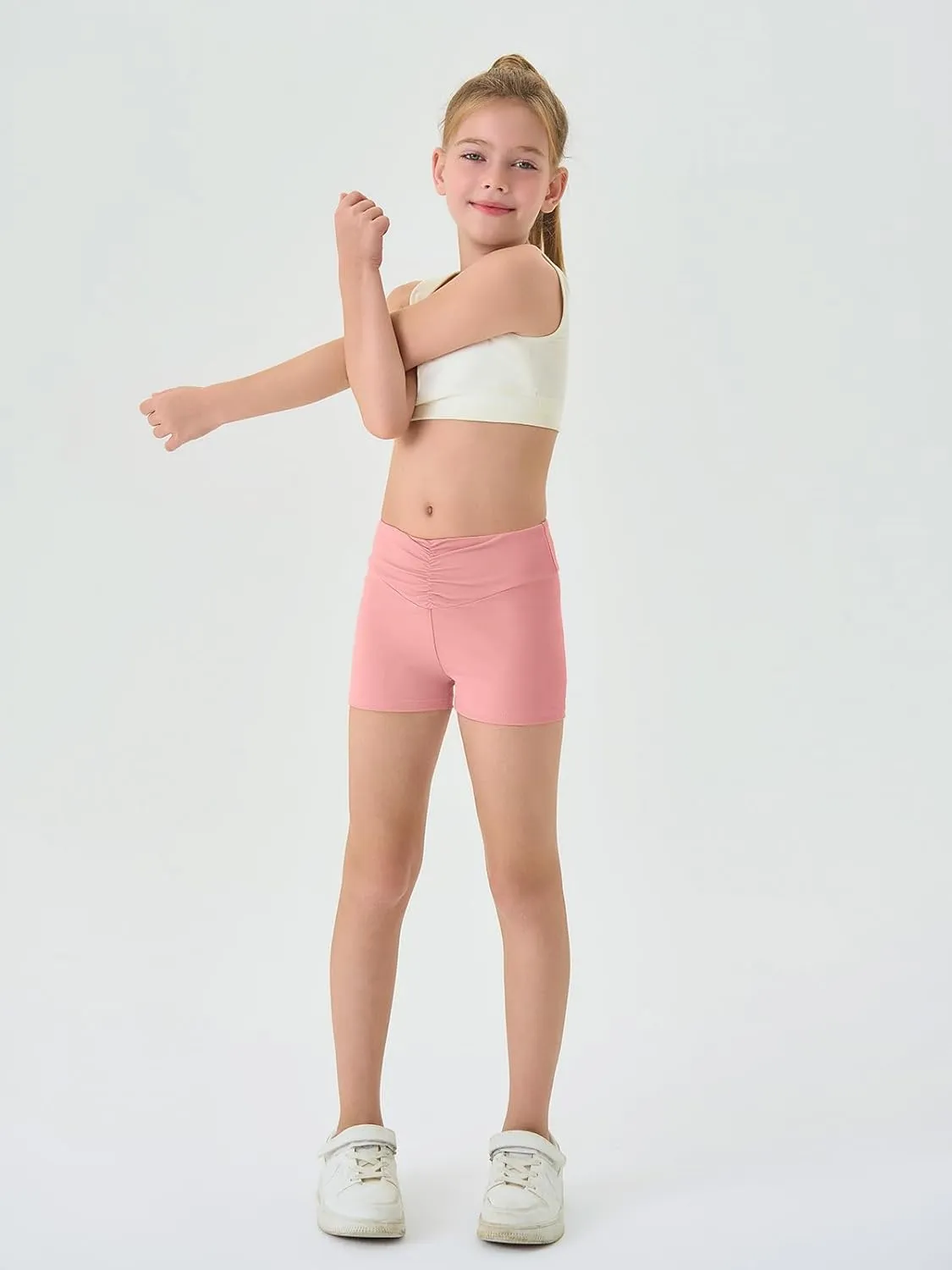Haloumoning Girls Athletic Ruched V-Waist Shorts Kids Workout Yoga Dance Shorts Active Gymnastics Shorts