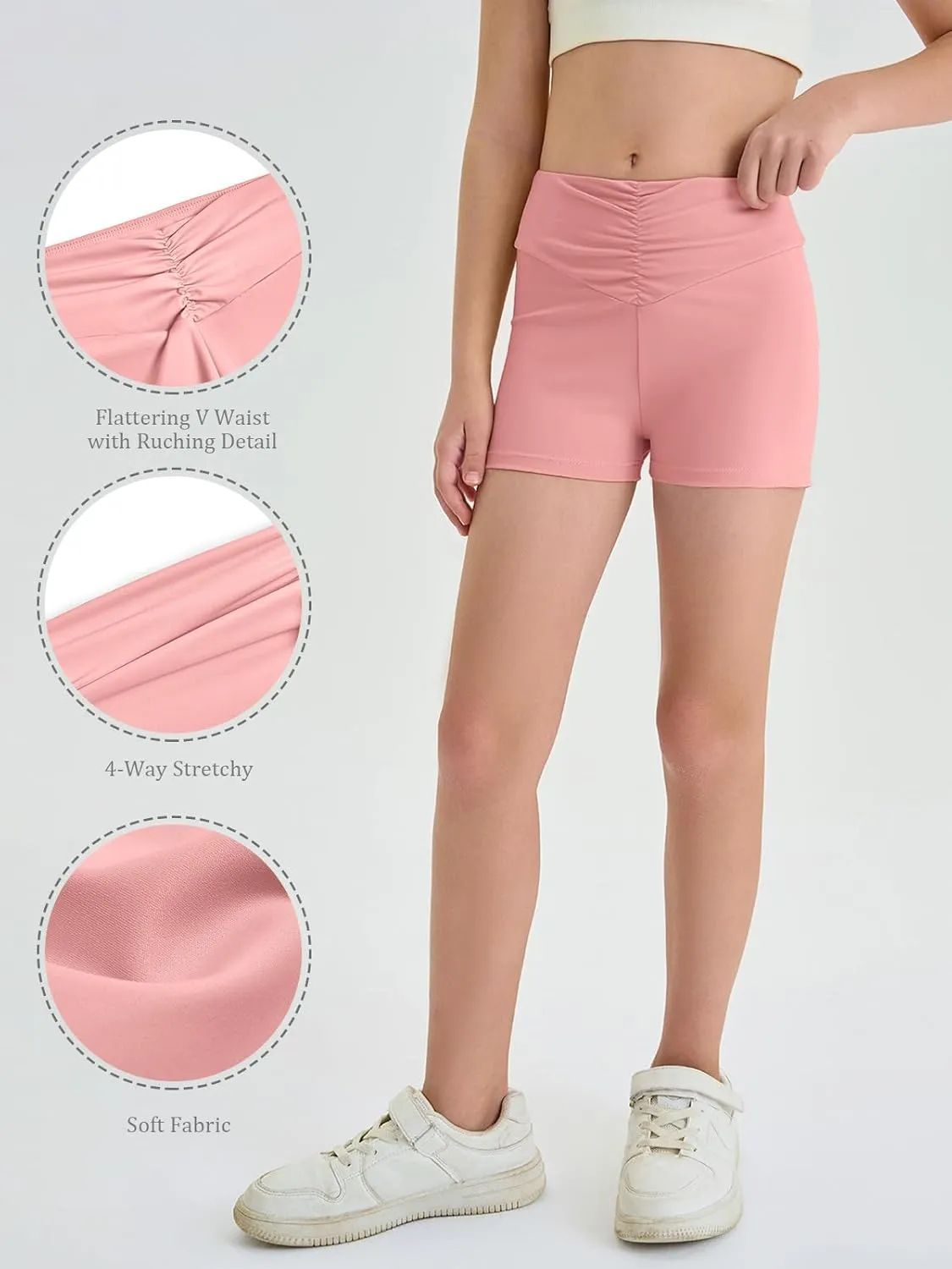Haloumoning Girls Athletic Ruched V-Waist Shorts Kids Workout Yoga Dance Shorts Active Gymnastics Shorts
