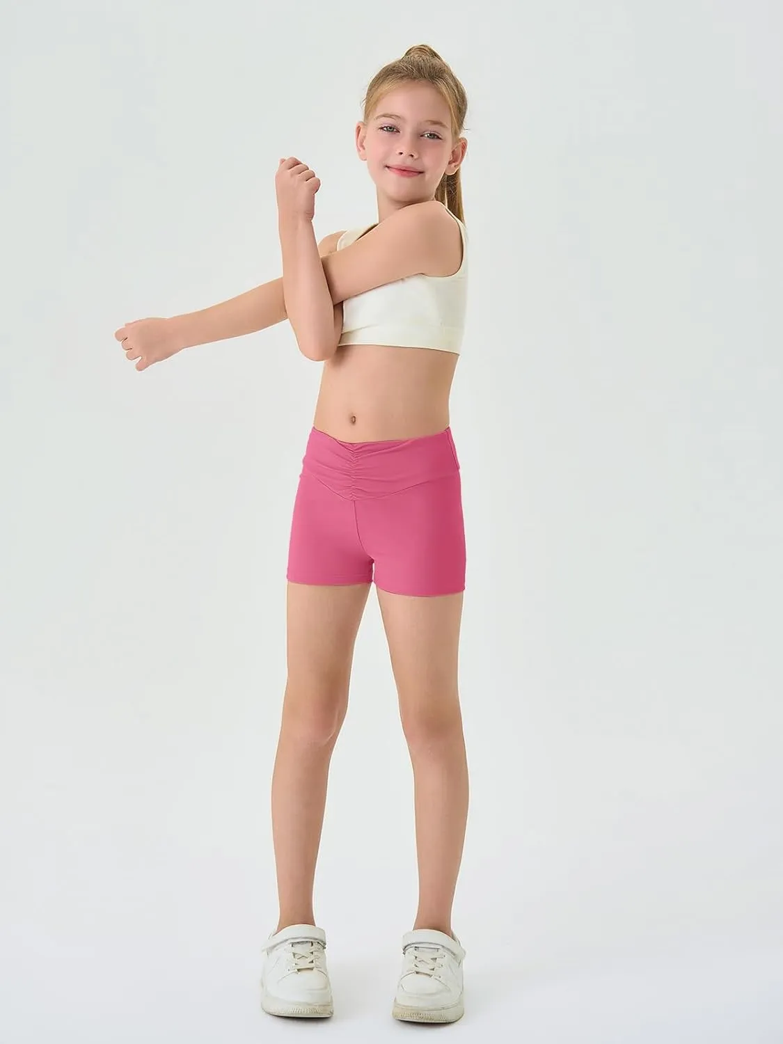 Haloumoning Girls Athletic Ruched V-Waist Shorts Kids Workout Yoga Dance Shorts Active Gymnastics Shorts