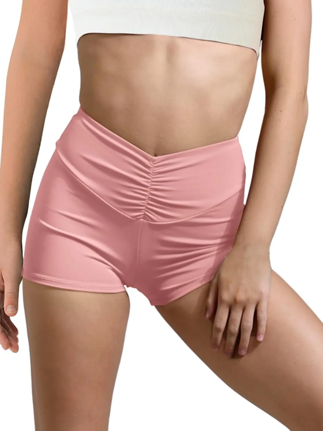 Haloumoning Girls Athletic Ruched V-Waist Shorts Kids Workout Yoga Dance Shorts Active Gymnastics Shorts