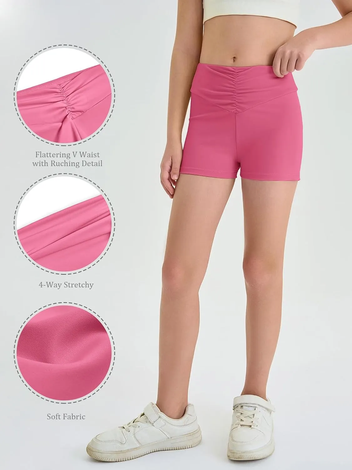 Haloumoning Girls Athletic Ruched V-Waist Shorts Kids Workout Yoga Dance Shorts Active Gymnastics Shorts