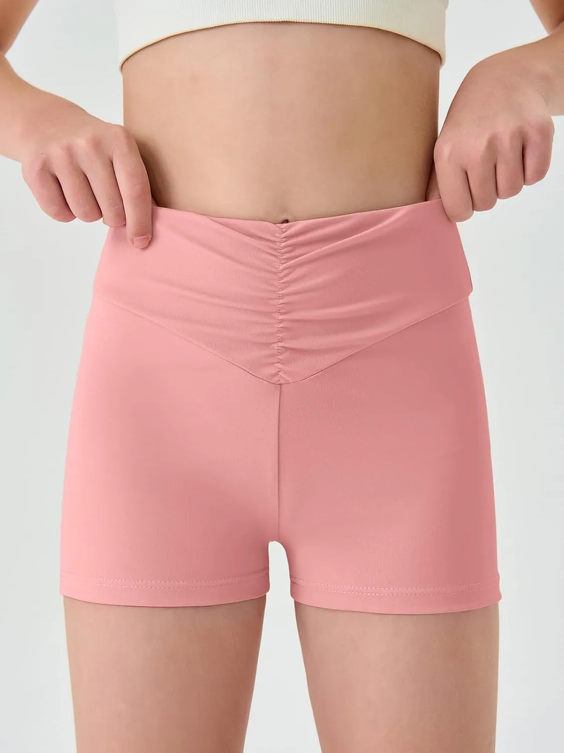 Haloumoning Girls Athletic Ruched V-Waist Shorts Kids Workout Yoga Dance Shorts Active Gymnastics Shorts