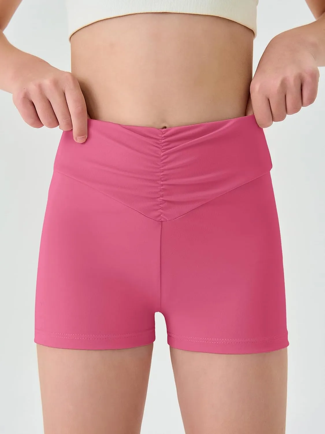 Haloumoning Girls Athletic Ruched V-Waist Shorts Kids Workout Yoga Dance Shorts Active Gymnastics Shorts