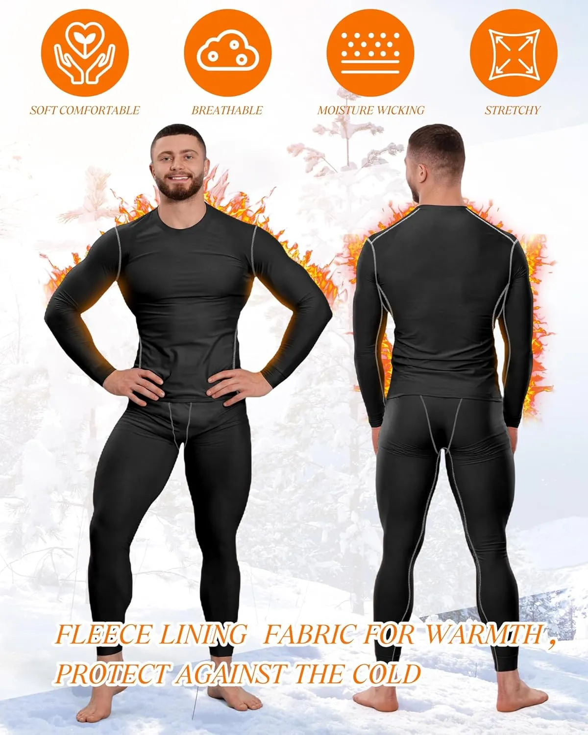 Hicarer 6 Pack Thermal Underwear for Men Fleece Lined Hunting Gear Set Base Layer Bottom Top for Cold Winter Weather