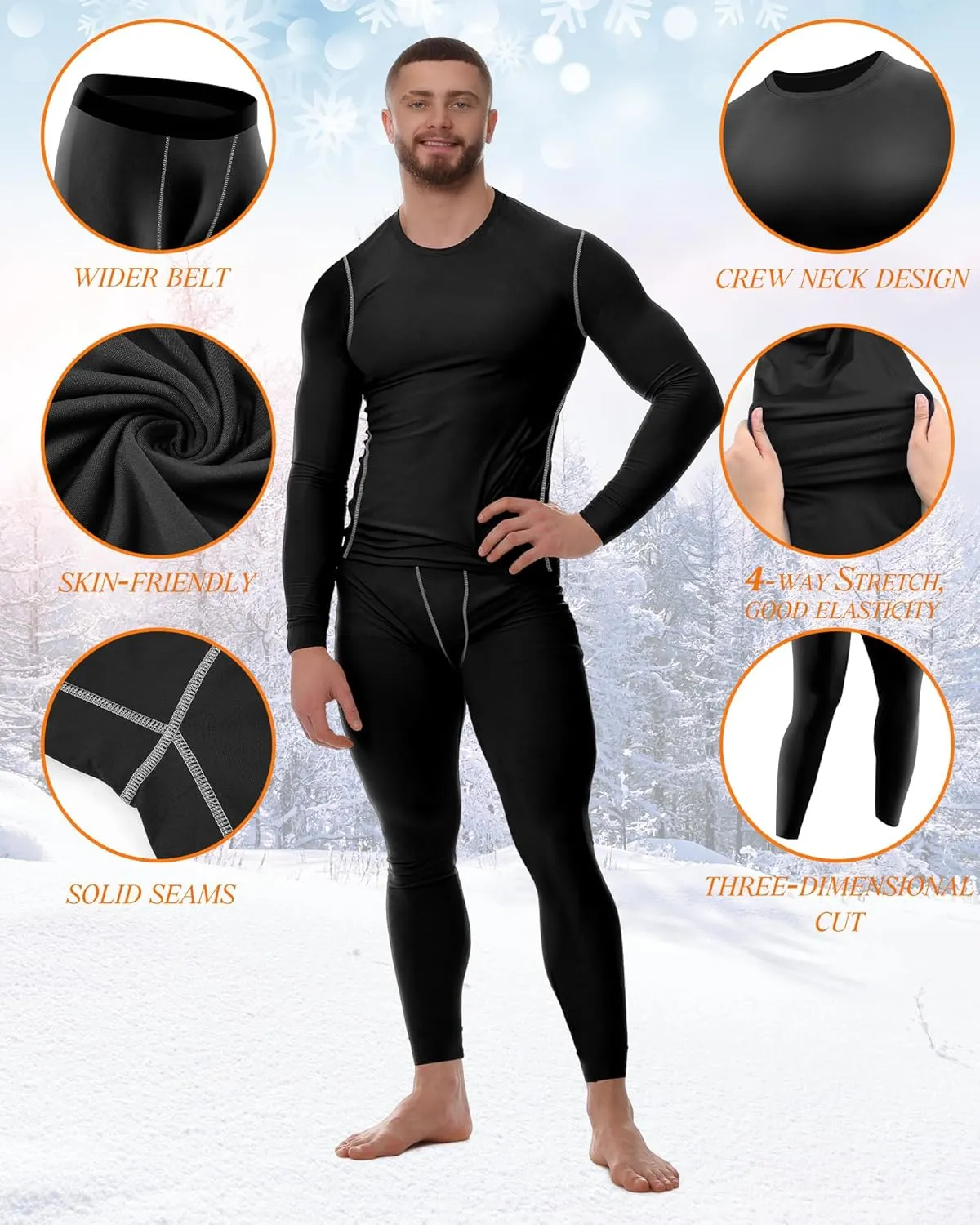 Hicarer 6 Pack Thermal Underwear for Men Fleece Lined Hunting Gear Set Base Layer Bottom Top for Cold Winter Weather