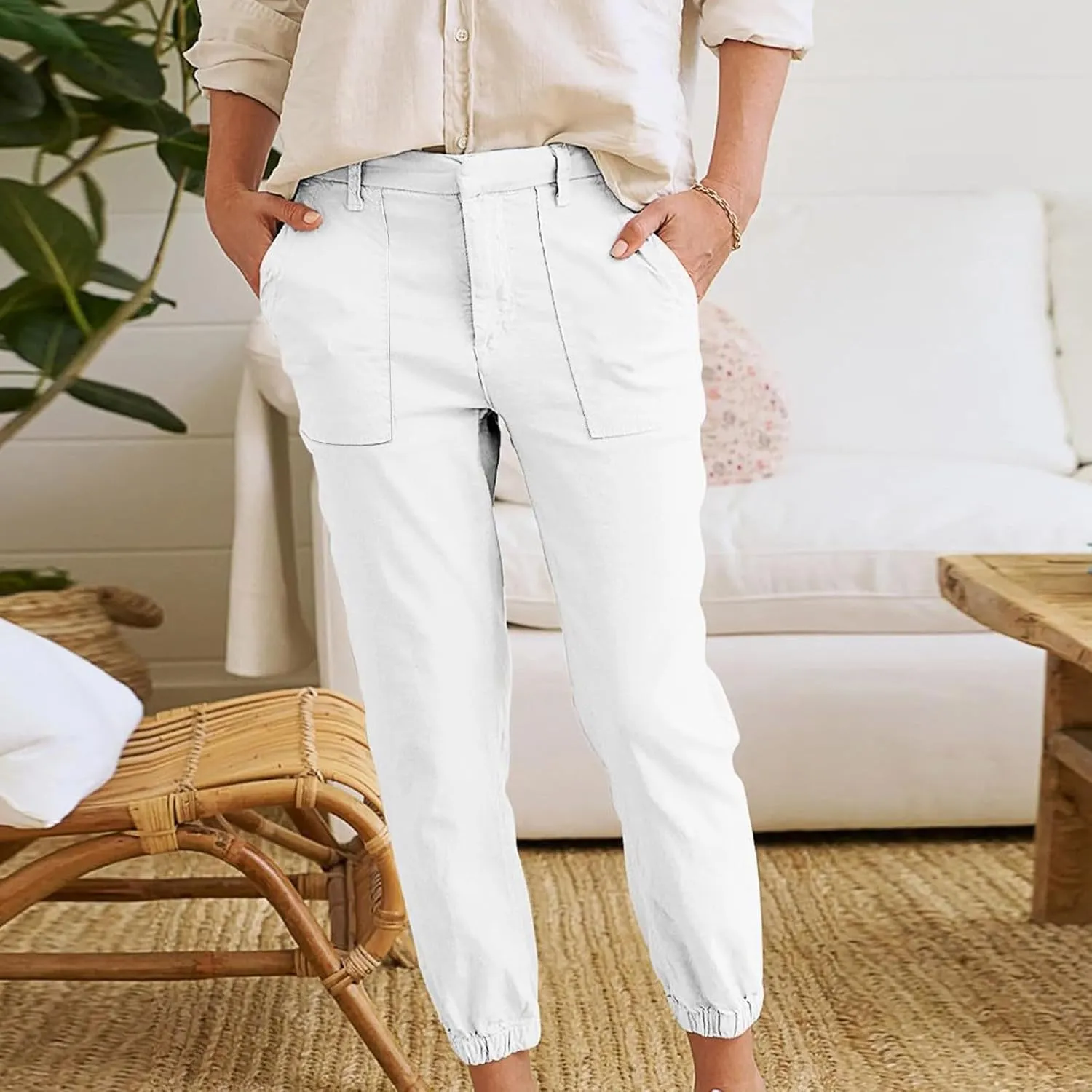 High Waisted Linen Pants for Women Casual Lounge Pants Lightweight Pants with Pockets Slim Fitting Pants Trousers