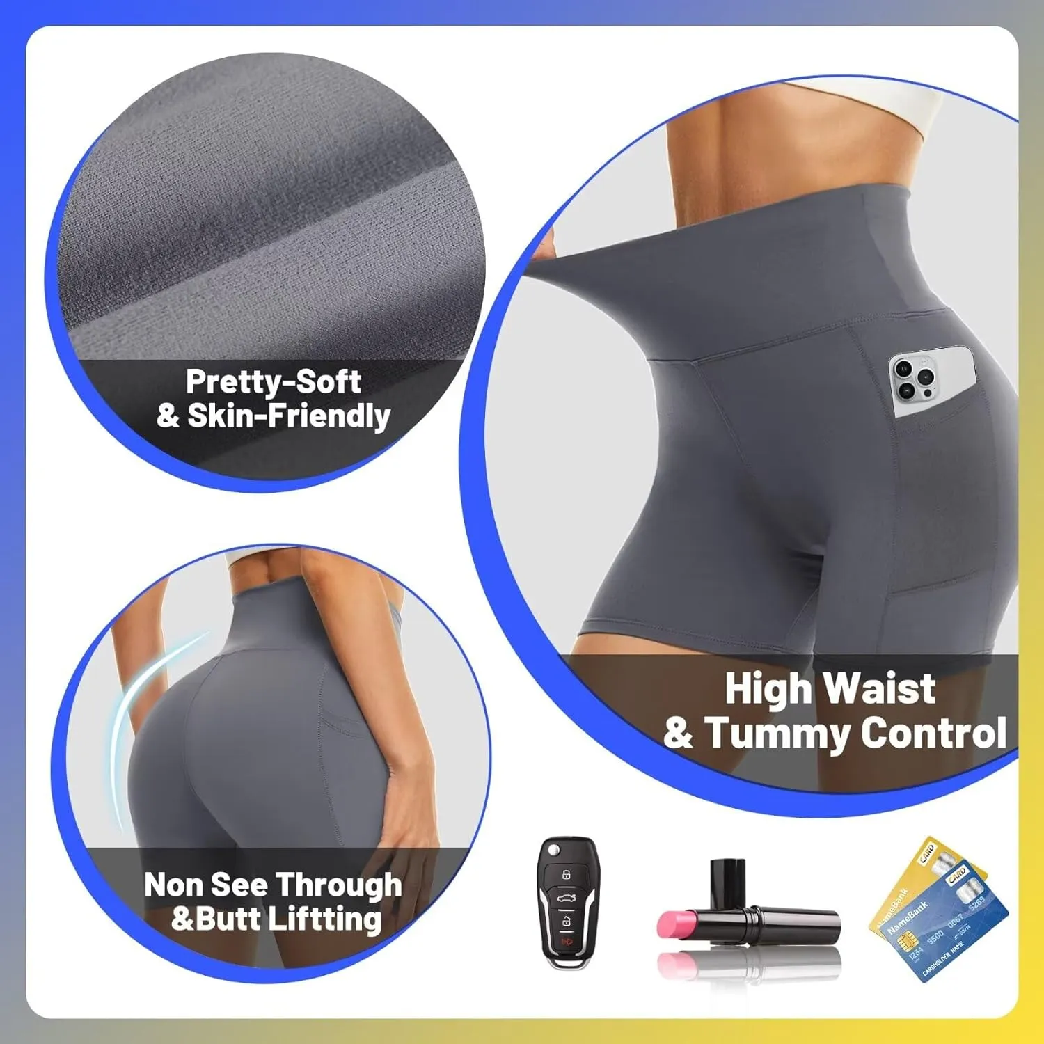 HIGHDAYS 5” Biker Shorts for Women with Pockets-High Waist Tummy Control Spandex Workout Yoga Running Gym Activewear