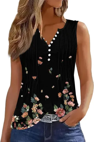 HTHLVMD Tank Tops for Women 2025 Summer Pleated Tunic Loose Fit Sleeveless T Shirts Dressy Casual V Neck Button Down Blouses