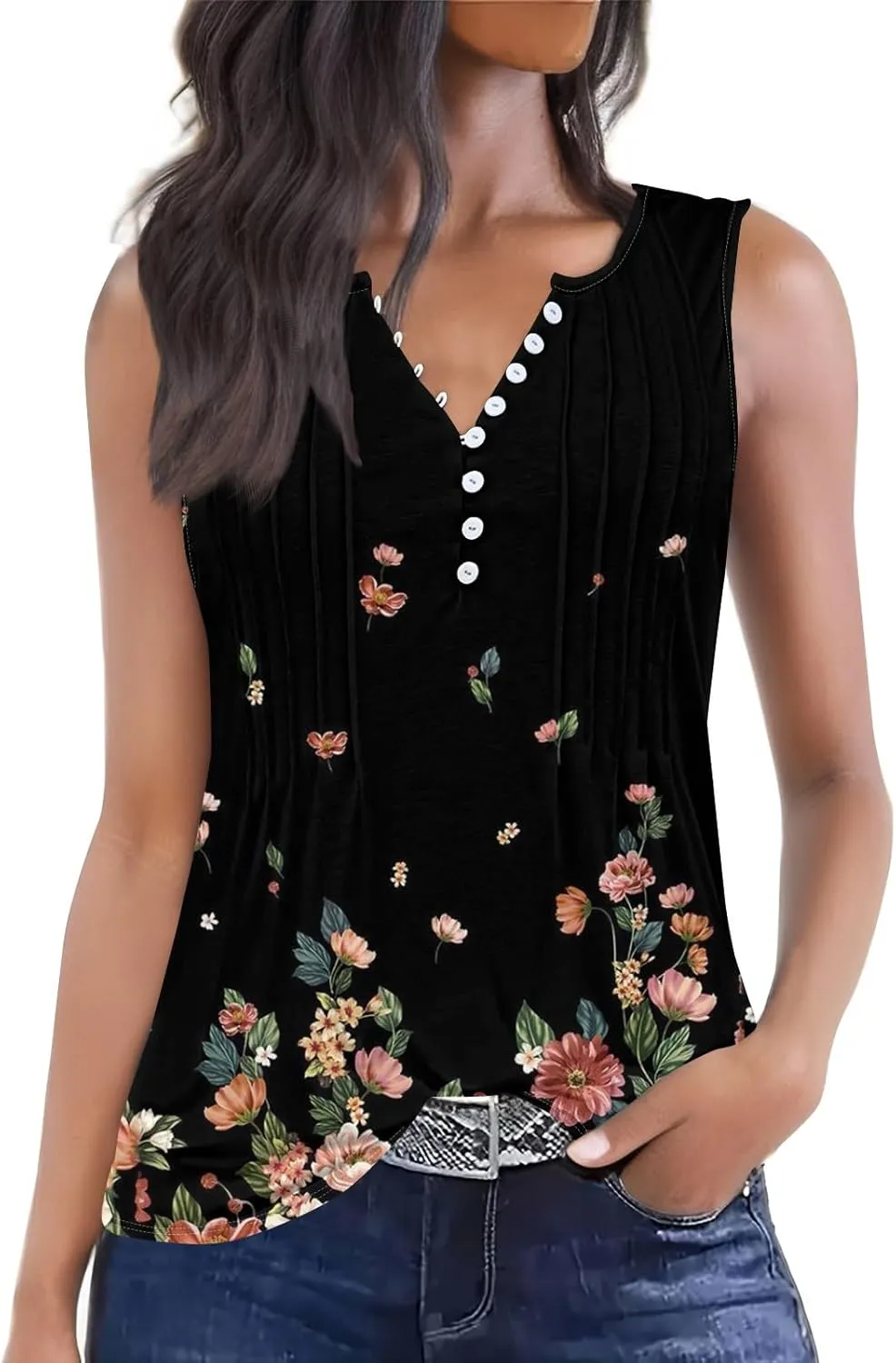 HTHLVMD Tank Tops for Women 2025 Summer Pleated Tunic Loose Fit Sleeveless T Shirts Dressy Casual V Neck Button Down Blouses