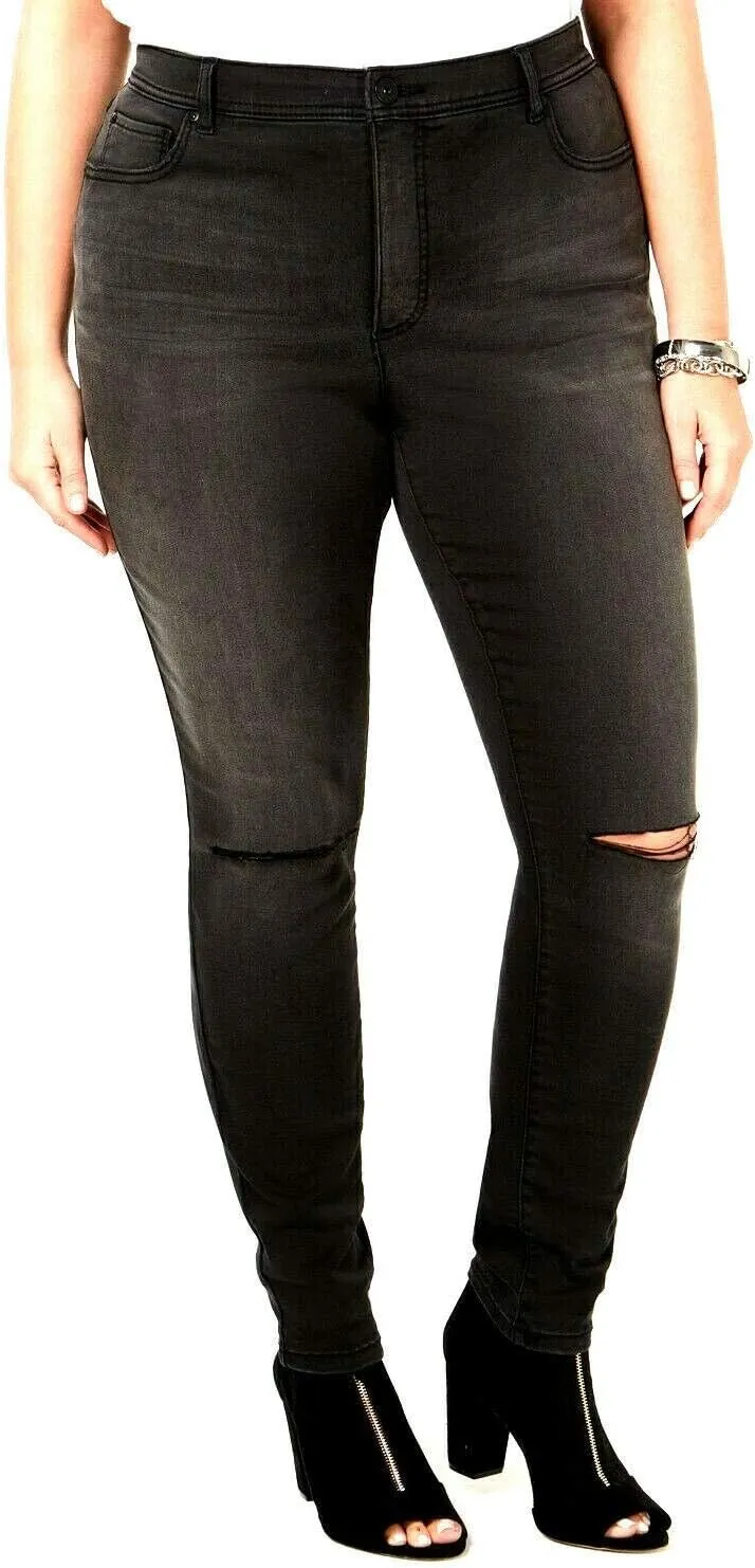 INC Women's Jeans Plus Stretch Ripped Skinny Leg Black 28W
