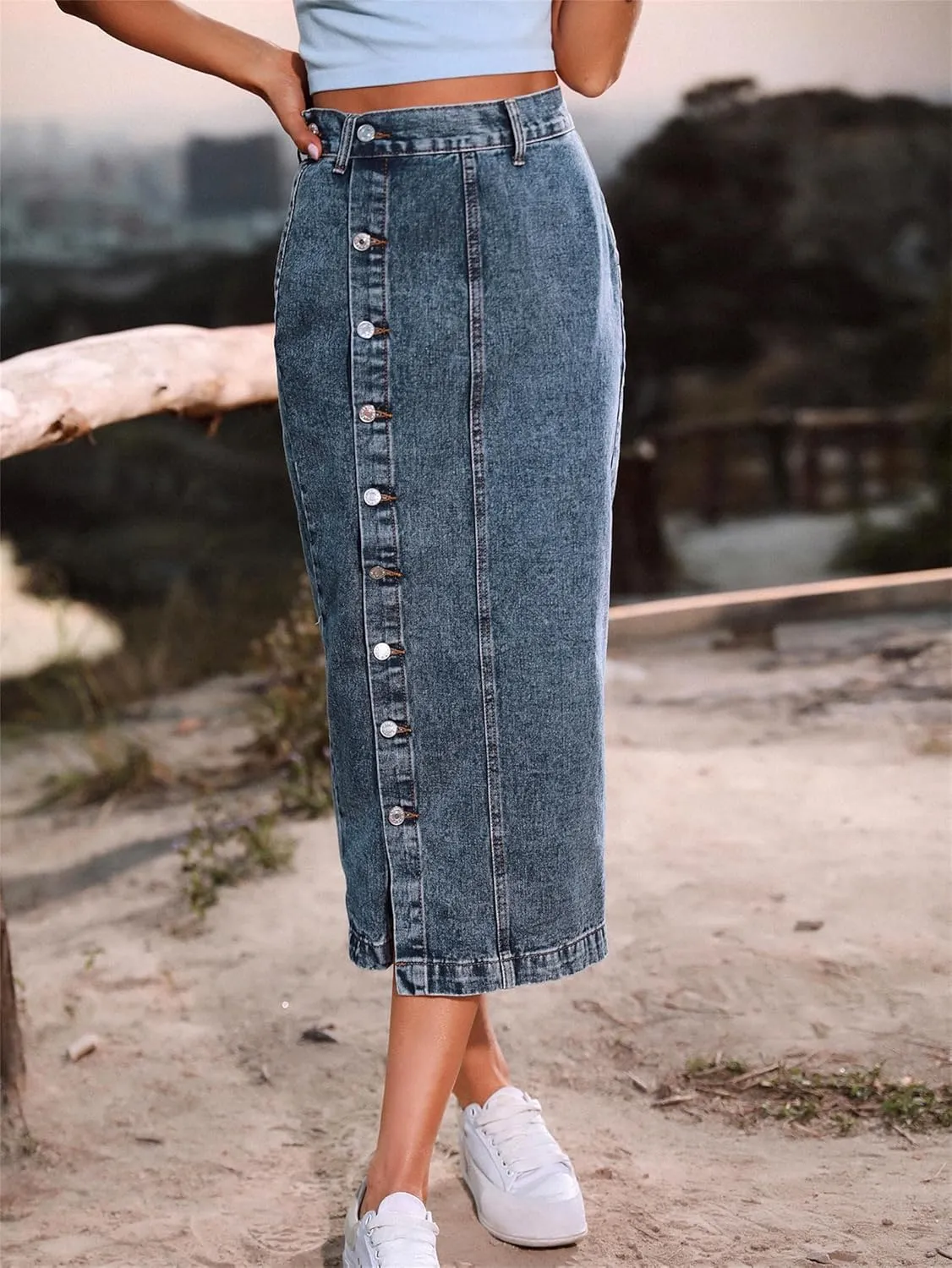 Irregular Slit Denim high Waist Maxi Skirt, Washed Button Front Denim Long Skirt Midi Length A Line Denim Jean Pencil Skirt