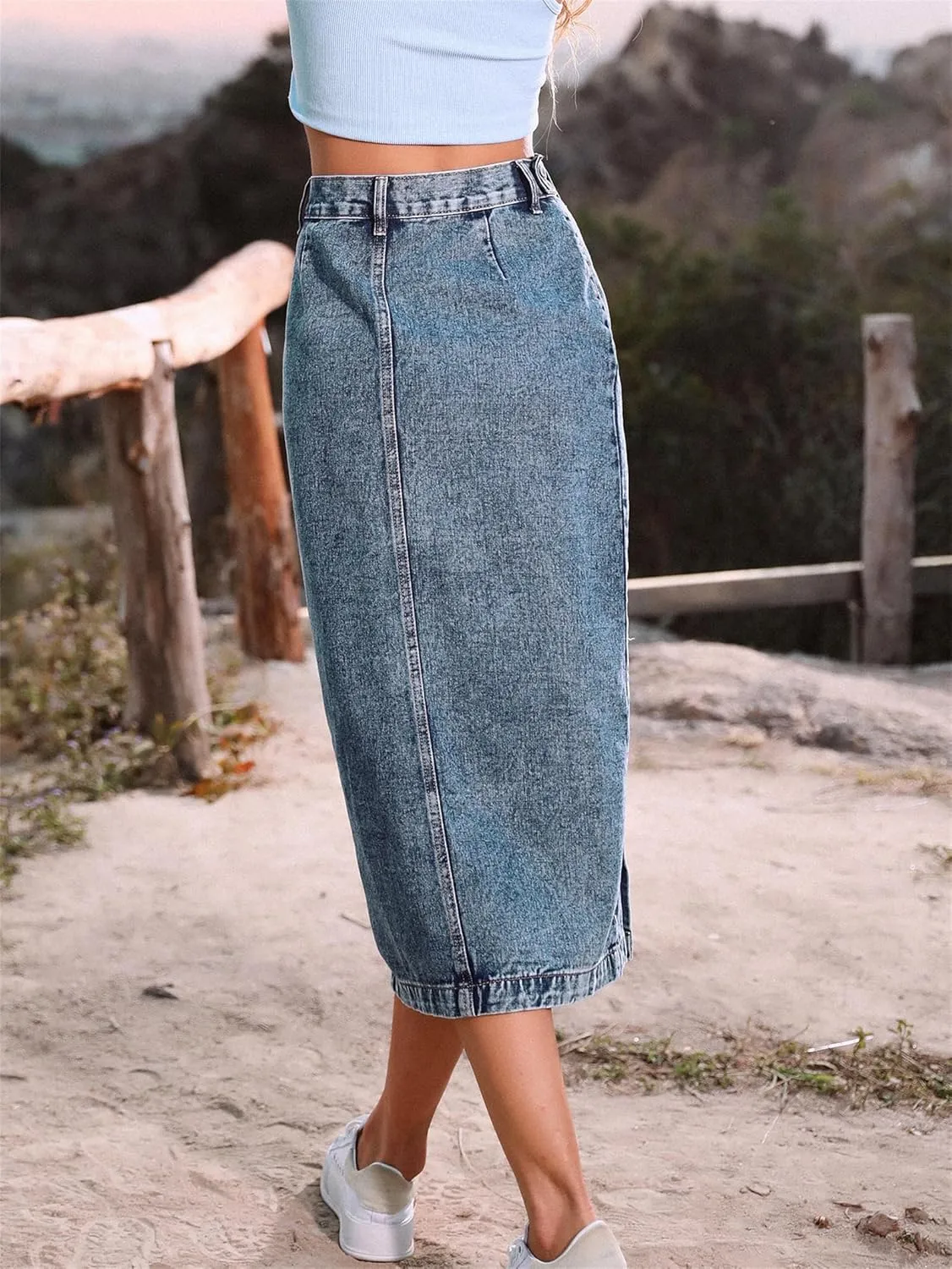 Irregular Slit Denim high Waist Maxi Skirt, Washed Button Front Denim Long Skirt Midi Length A Line Denim Jean Pencil Skirt